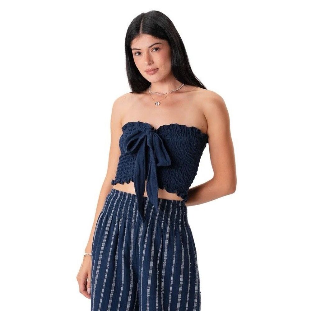 Lotus And Luna Blue Zanzibar Crop Top Convertible One Size Stretch Smocked NWT